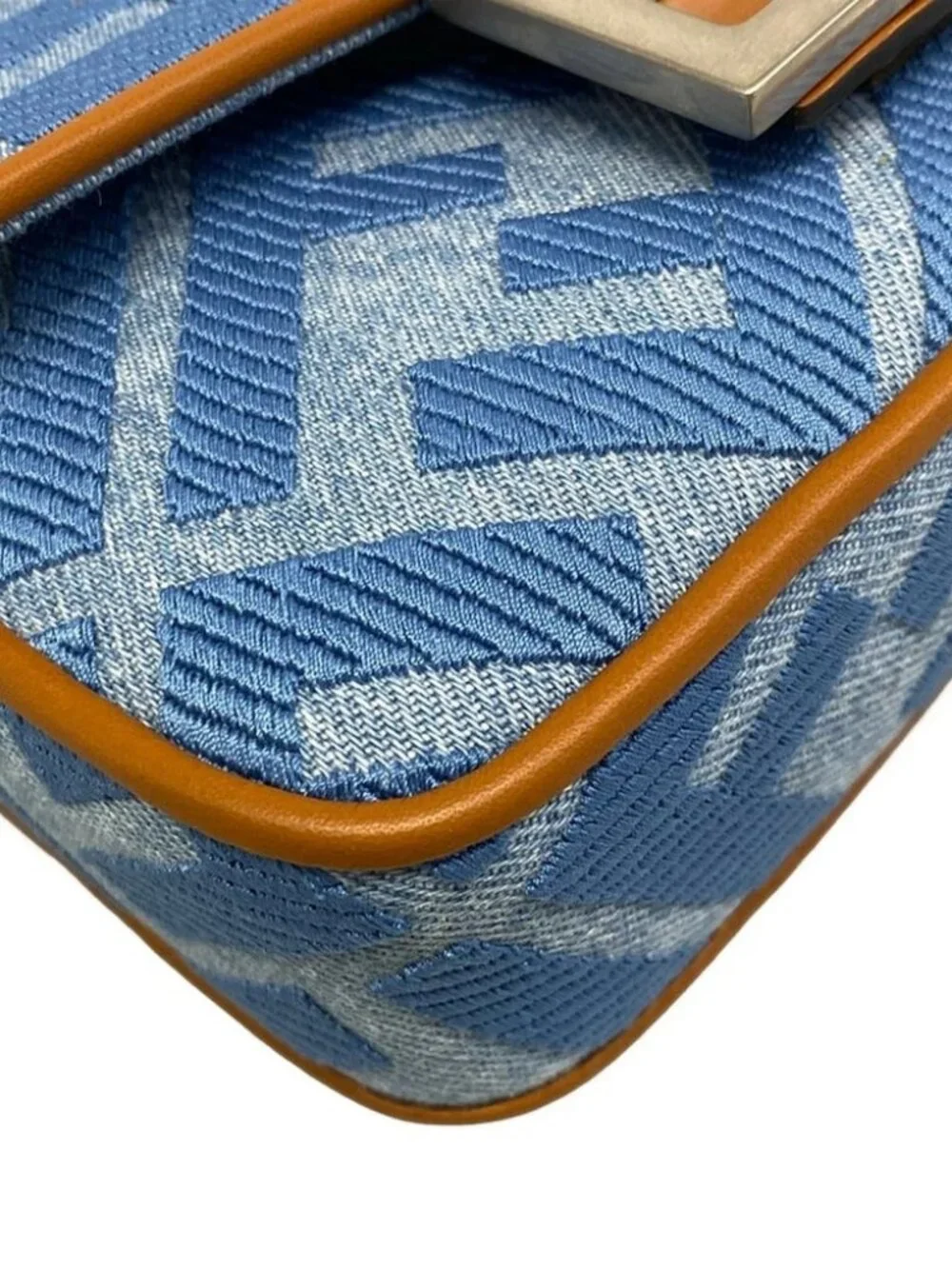 FENDI Baguette Mini 8BS017-AP4N Light Blue Brown Jacquard Leather Handbag